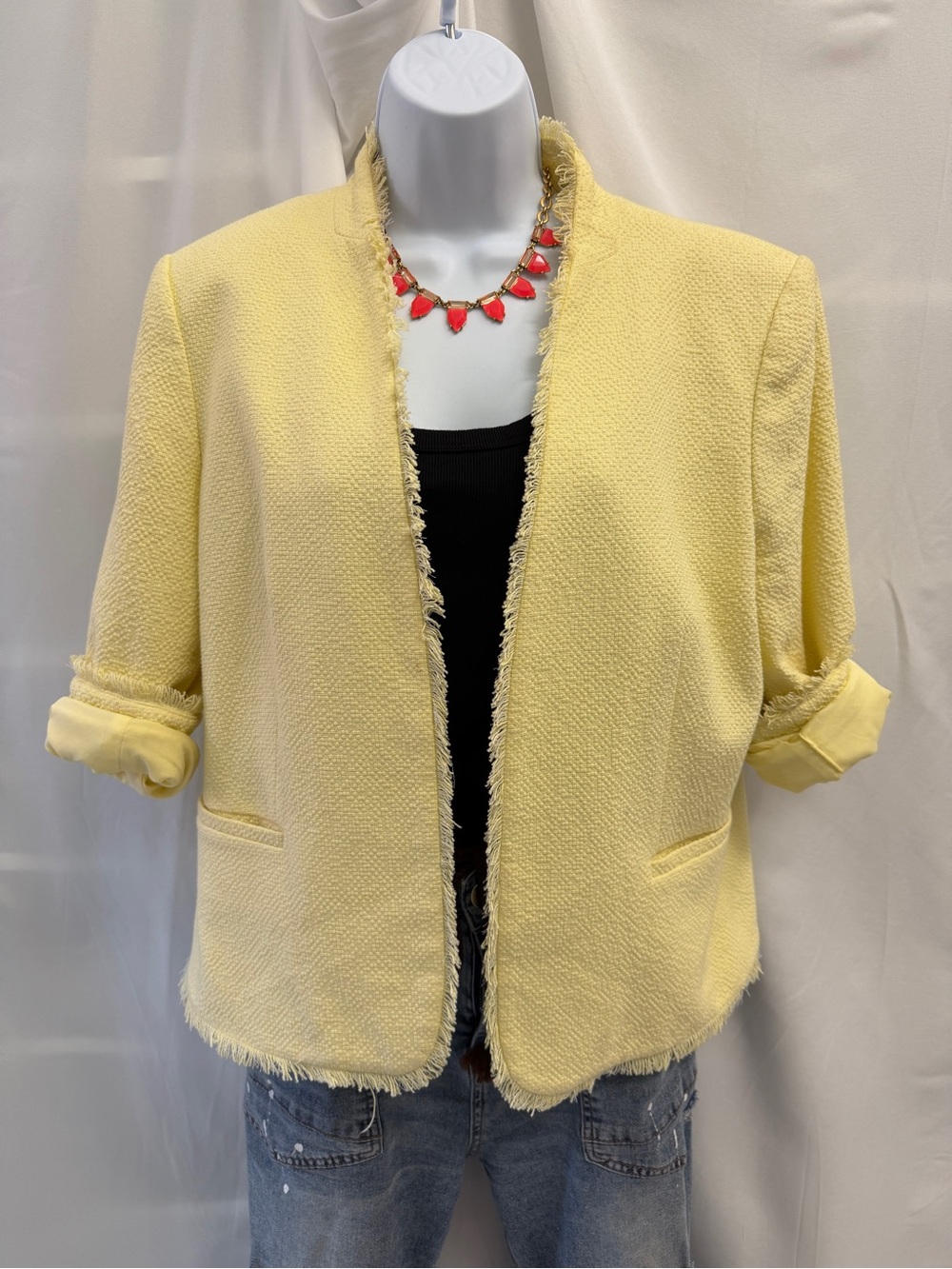 Ann Taylor Yellow Textured Tweed Fringe Open Front Jacket - Size 14